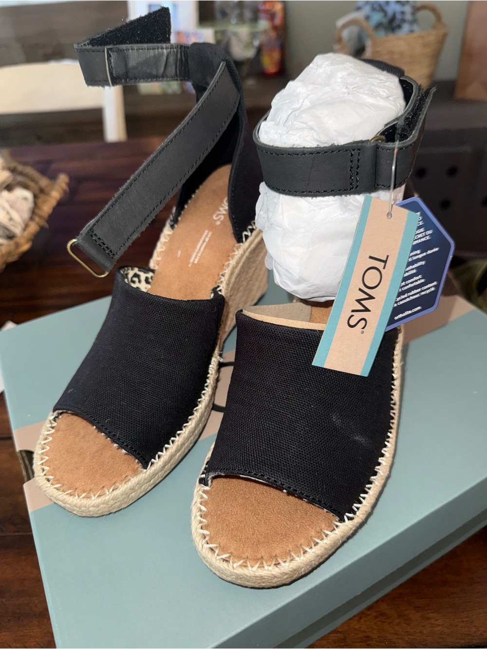 TOMS Black Canvas Espadrille Wedge Sandals with Ankle Strap